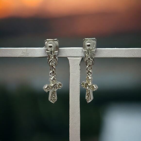 Vintage Silver Cross Jeweled Clip-On Earrings - Picture 1 of 6